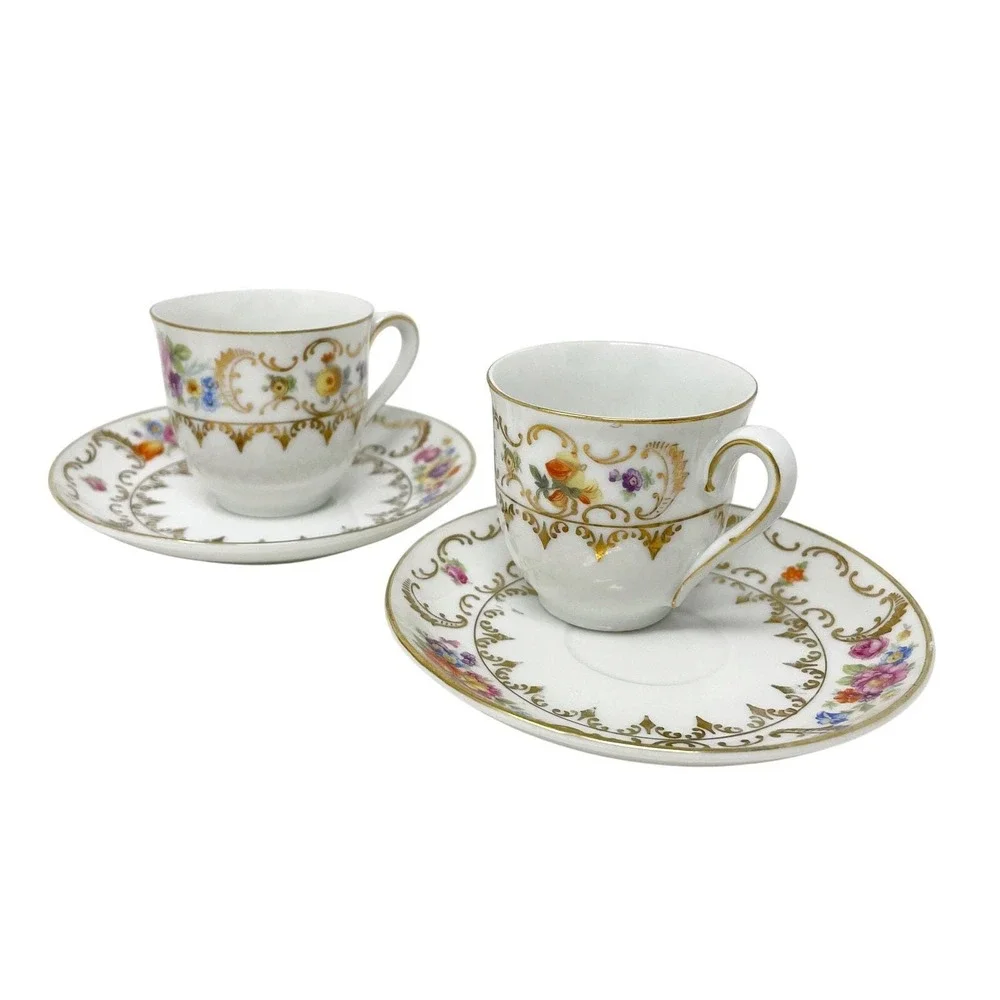 Vintage Bavaria Hand Painted Porcelain Teacup & Saucer Set White Gold Floral